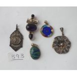 Five various silver mounted & other pendants