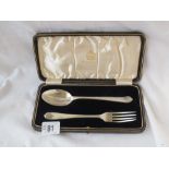 A Boxed christening spoon and fork from Elkington - 78 gms.