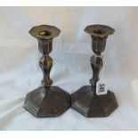 A pair of Queen Anne style octagonal base candlesticks with detachable nozzles - 6.5" high -