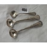 A pair of Kings pattern salt spoons - London 1854 - and a Georgian Exeter salt spoon - 57 gms.