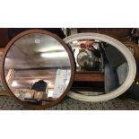 WHITE BEVELLED EDGE OVAL FRAMED MIRROR & TEAK FRAMED CIRCULAR MIRROR