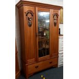 ARTS & CRAFTS SATIN WALNUT DOUBLE WARDROBE WITH MIRRORED DOOR & DRAWER UNDER WITH BRASS DROP HANDLES