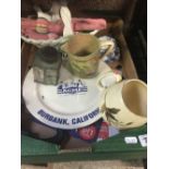 CARTON WITH BLUE PLATE SPECIAL BURBANK CALIFORNIA PLATE, JUGS, METAL TEA CADDY, NAPKIN RINGS WITH