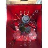 CARTON & RED PLASTIC TUB OF RED CHRISTMAS BALLS, CHAMPAGNE FLUTES, COFFEE CAFETIERE, A MIXTURE OF