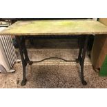 CAST IRON TABLE BASE WITH STRETCHER & WEATHERED MARBLE TOP