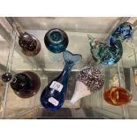 SHELF OF MISC GLASS PAPERWEIGHTS IN ANIMAL SHAPES BY WEDGWOOD & A GLASS TABLE BELL