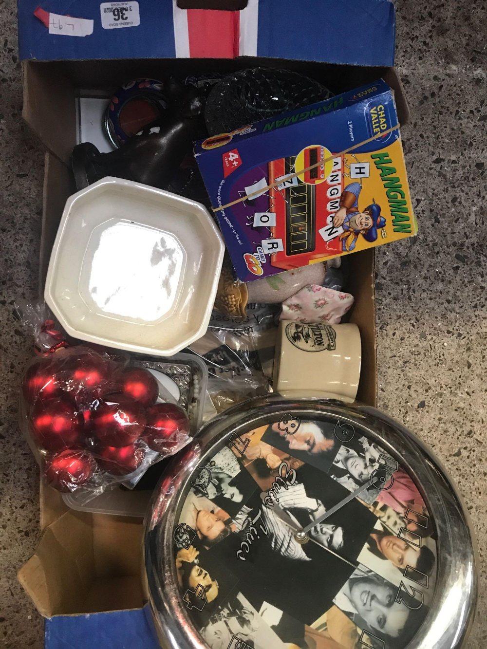 CARTON WITH RED CHRISTMAS DECORATIONS, AN ELVIS CLK, COSTUME JWL & HANG MAN GAME