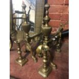 2 BRASS CANDLES STICKS, BRASS LADLE & 2 LARGE BRASS FIRE DOGS