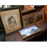 LARGE FRAMED PORTRAIT OF AN EDWARDIAN LADY & 3 OTHER PICTURES