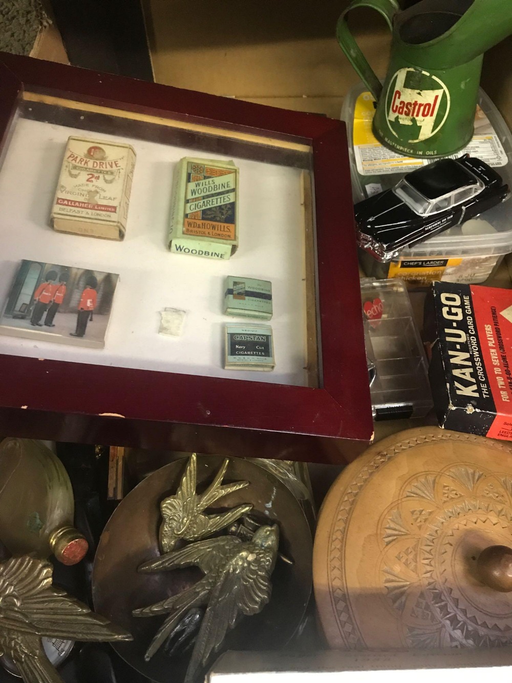 DISPLAY OF VINTAGE CIGARETTE PACKETS, A CASTROL OIL CAN, BUTTONS & BRIC-A-BRAC