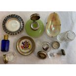 TUB WITH VARIOUS SIL TOPPED DRESSING TABLE TOPS POTS, A ROUND ONYX INKWELL, PIN TRAYS & M.O.P SHELL
