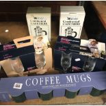 2 CAFETIERE COFFEE MUGS, CHAMPAGNE GLASSES - ALL IN BOXES