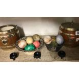 SHELF OF ONYX EGGS, 2 BISCUIT BARRELS ETC