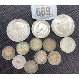 BAG OF PRE 1921 COINAGE - 8 THREE PENCE, X SIXPENCE, 1 X SHILLING & 2 X FLORIN