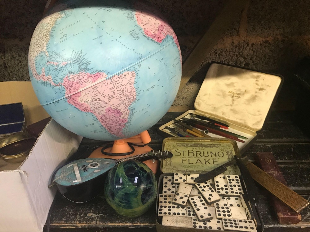 CARTON WITH DESK GLOBE, TIN OF DOMINO'S GLASS PAPERWEIGHTS, INK DIP PENS & OLD TINS