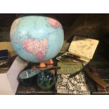 CARTON WITH DESK GLOBE, TIN OF DOMINO'S GLASS PAPERWEIGHTS, INK DIP PENS & OLD TINS