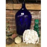 LARGE CRYSTAL BLUE MEDICAL JAR, A MALACHITE CANDLE HOLDER & SMALL STONE DISPLAY & 3 SMALL POTS