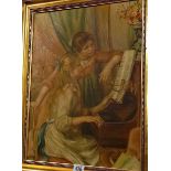 GILT FRAMED OIL PAINTING OF 2 GIRLS PLAYING PIANO