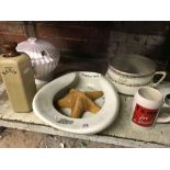 SHELF WITH A BOOTS BED PAN WITH A STARFISH, CHAMBER POT, SOUP TUREEN, STONEWARE HOT WATER BOTTLE