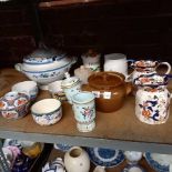 SHELF WITH 2 MASONS JUGS, SOUP TUREEN, VARIOUS BOWLS & CHINAWARE