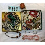 2 TRAYS OF MISC COSTUME JWL INCL; ETHNIC BEAD NECKLACE, RED STONE BROOCHES, CUFFLINK'S & A LADIES