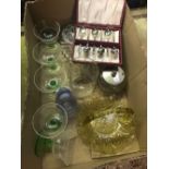 CARTON OF GLASSWARE & BOX SET OF PLATED TEA SPOONS