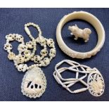 BAG OF 2 BONE NECKLACES, BRACELET & BONE FIGURE