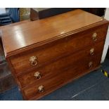 LATE VICTORIAN FLAME MAHOGANY CHEST OF 3 LONG DRAWERS WITH HEAVY BRASS DROP HANDLES 4ft WIDE X 2ft