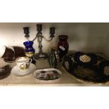 SHELF OF GLASS VASES, CHINAWARE & CANDLE STICK