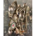 TUB OF VARIOUS WHITE METAL TOURIST SPOONS, SOME WITH ANIMAL FINIAL'S