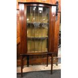 INLAID MAHOGANY BOW FRONTED LEADED GLASS CABINET ON LEGS