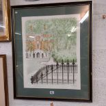 DAVID GENTLEMAN. A LIMITED EDITION COLOUR LITHOGRAPH OF A CITY SQUARE WITH TLSS AND RAILINGS. SIGNED
