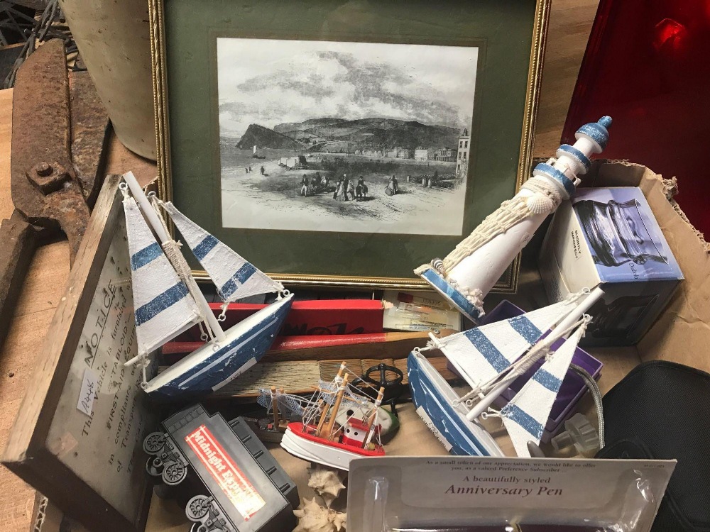 CARTON WITH MIXED BRIC-A-BRAC INCL; SMALL DECORATIVE NAUTICAL ITEMS, PLAY WORN CARS ETC