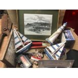 CARTON WITH MIXED BRIC-A-BRAC INCL; SMALL DECORATIVE NAUTICAL ITEMS, PLAY WORN CARS ETC