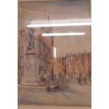 ALFRED RAWLINGS, A WATERCOLOUR OF A STREET SCENE WITH A STATUE OF QUEEN VICTORIA SIGNED