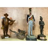 2 MODEL SOLDIERS - 1 IN WOOD THE OTHER BRONZED RESIN, A MALLARD DUCK & WOODEN CARVED FIGURE OF A