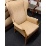 WOOD FRAMED & UPHOLSTERED HIGH BACKED WING ARMCHAIR