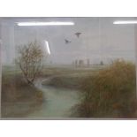 NOEL DUDLEY, MISTY RIVER LANDSCAPE WITH DUCKS IN FLIGHT. SIGNED WATERCOLOUR