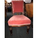 MAHOGANY CARVED DINING CHAIR ON PILLAR LEGS WITH PINK CUSHIONS