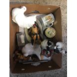 CARTON WITH 2 WHITE CHINA DOVE'S, DOG HEAD PLAQUES & COMICAL MUSIC BOXES