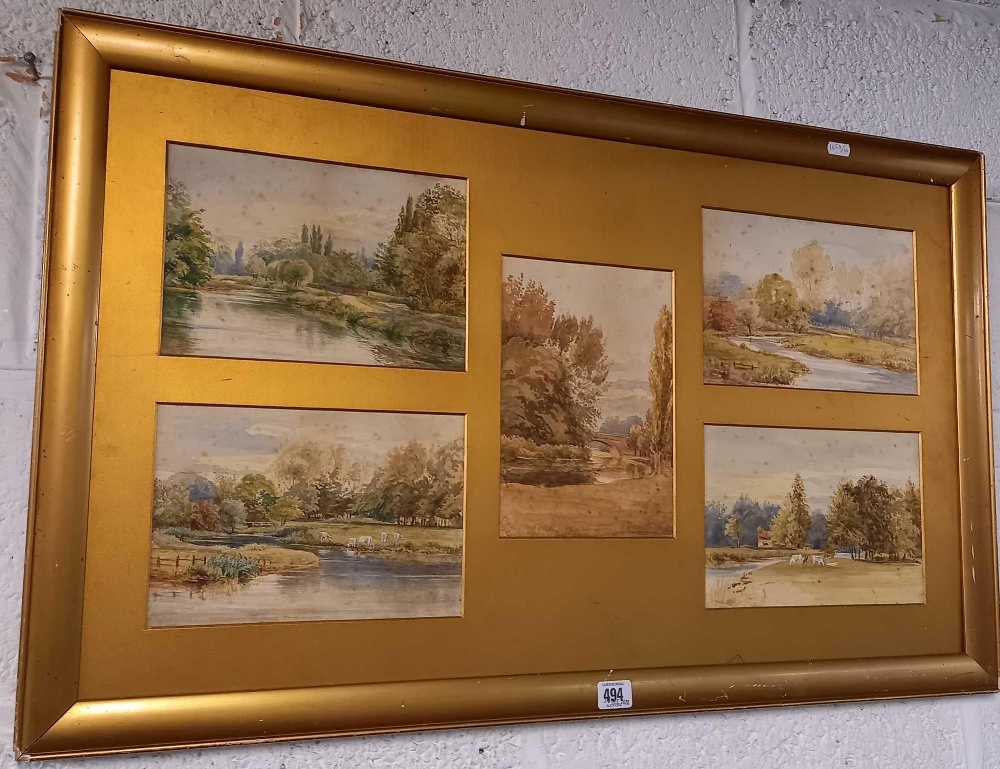 FIVE 19TH CENTURY WATERCOLOURS OF RIVER LANDSCAPES IN ONE FRAME.