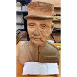 RED CLAY BUST OF MARCHALL FOCH SCULPTURED BY MARY LEE GEIKIE 1920's VINTAGE