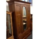 GOOD QUALITY EDWARDIAN INLAID DOUBLE WARDROBE WITH BEVELLED MIRRORED DOOR & DRAWER UNDER WITH