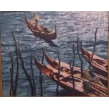 VIEW OF GONDOLAS ON A MOORING. OIL ON CANVAS, INDISTINCTLY SIGNED