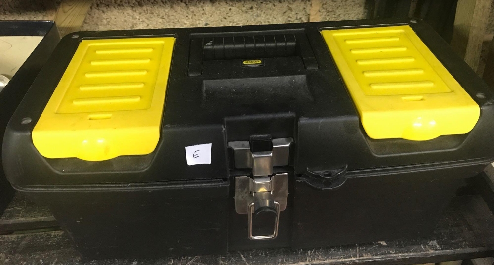 BLACK & YELLOW PLASTIC TOOL BOX WITH CONTENTS