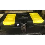 BLACK & YELLOW PLASTIC TOOL BOX WITH CONTENTS