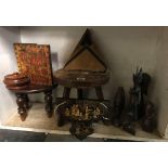 SHELF OF CARVED TREEN ITEMS & ETHNIC FIGURES