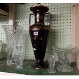 BLACK & GOLD CHINA VASE A/F & GLASS VASES