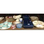 SHELF OF MISC TABLEWARE INCL; PLATES BY GEORGE JONES & SONS, DENBY, BRANNAM OF BARNSTAPLE & SUSIE