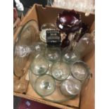 2 CARTONS OF MIXED CHINA & GLASS INCL; A DECANTER, DECORATIVE FLOWER PLATES, BRASS 3 DRAWER